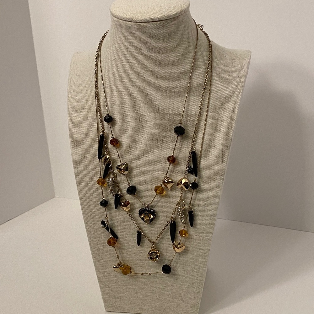 Betsey Johnson Multi-Strand Charm Necklace Black Amber Gold Tones Rhinestones